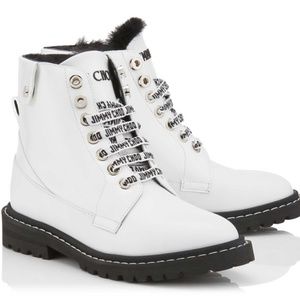 Jimmy Choo Snow Flat White Leather Patent Fur Boots